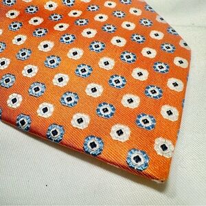 Oscar de la Renta Orange Silk Tie Geometric Floral Medallion Pattern Designer